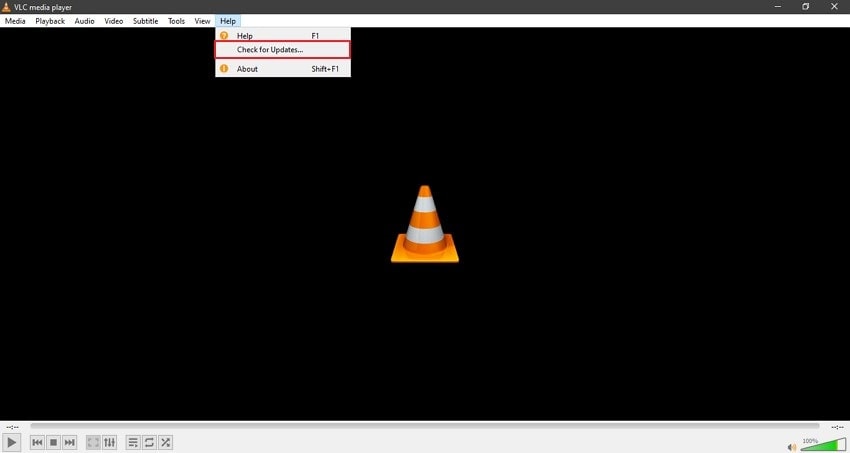 vlc help menu showing check for updates