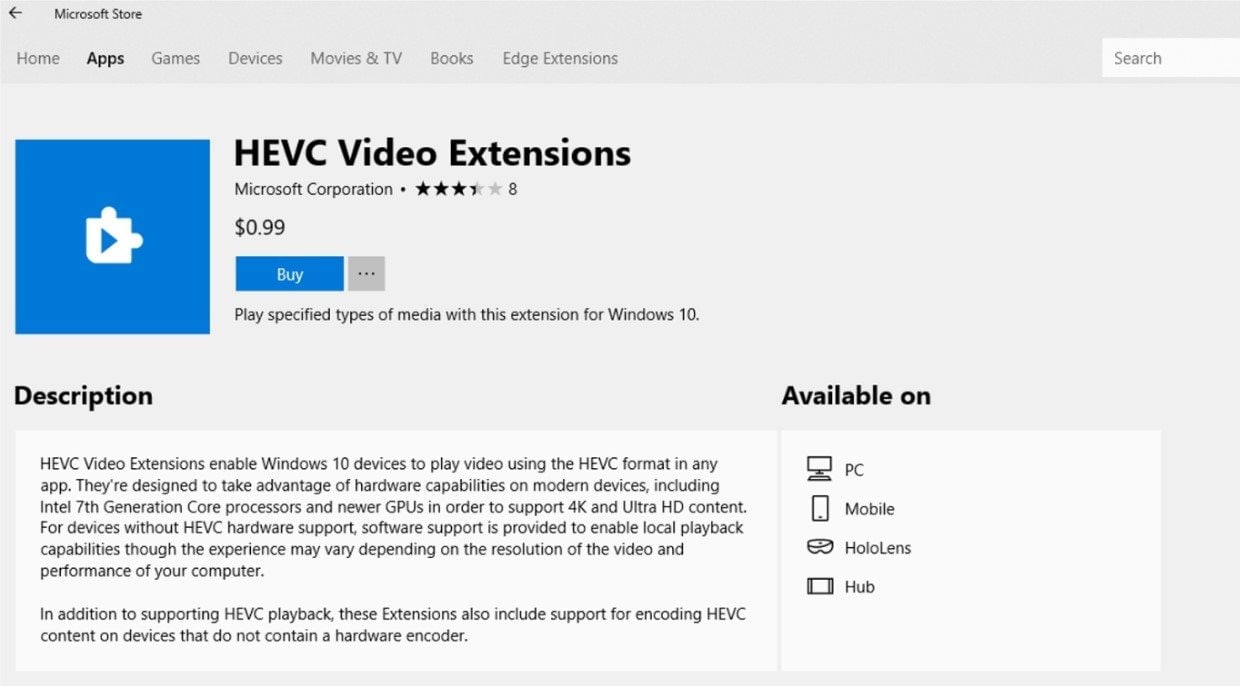 microsoft store listing identifying hevc video extensions and its publisher