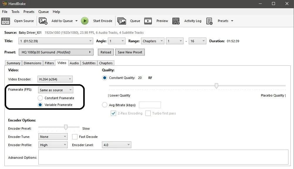 handbrake video tab with h264 encoder and frame rate controls