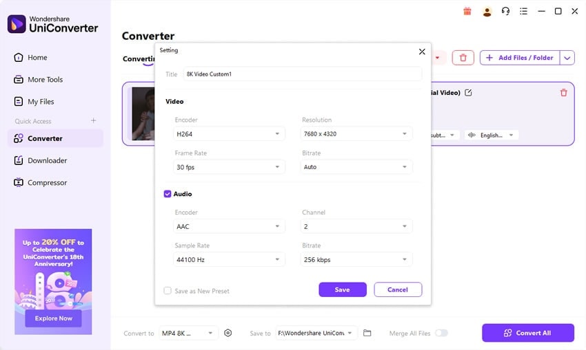 uniconverter settings showing video encoder resolution frame rate and audio controls