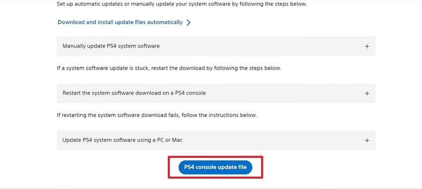 pick ps4 console update file button