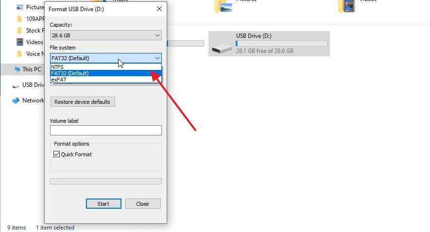 choose fat32 and start formatting