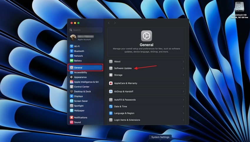 open software update in system settings
