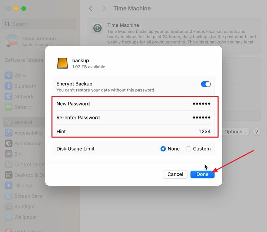 put password for mac files backup