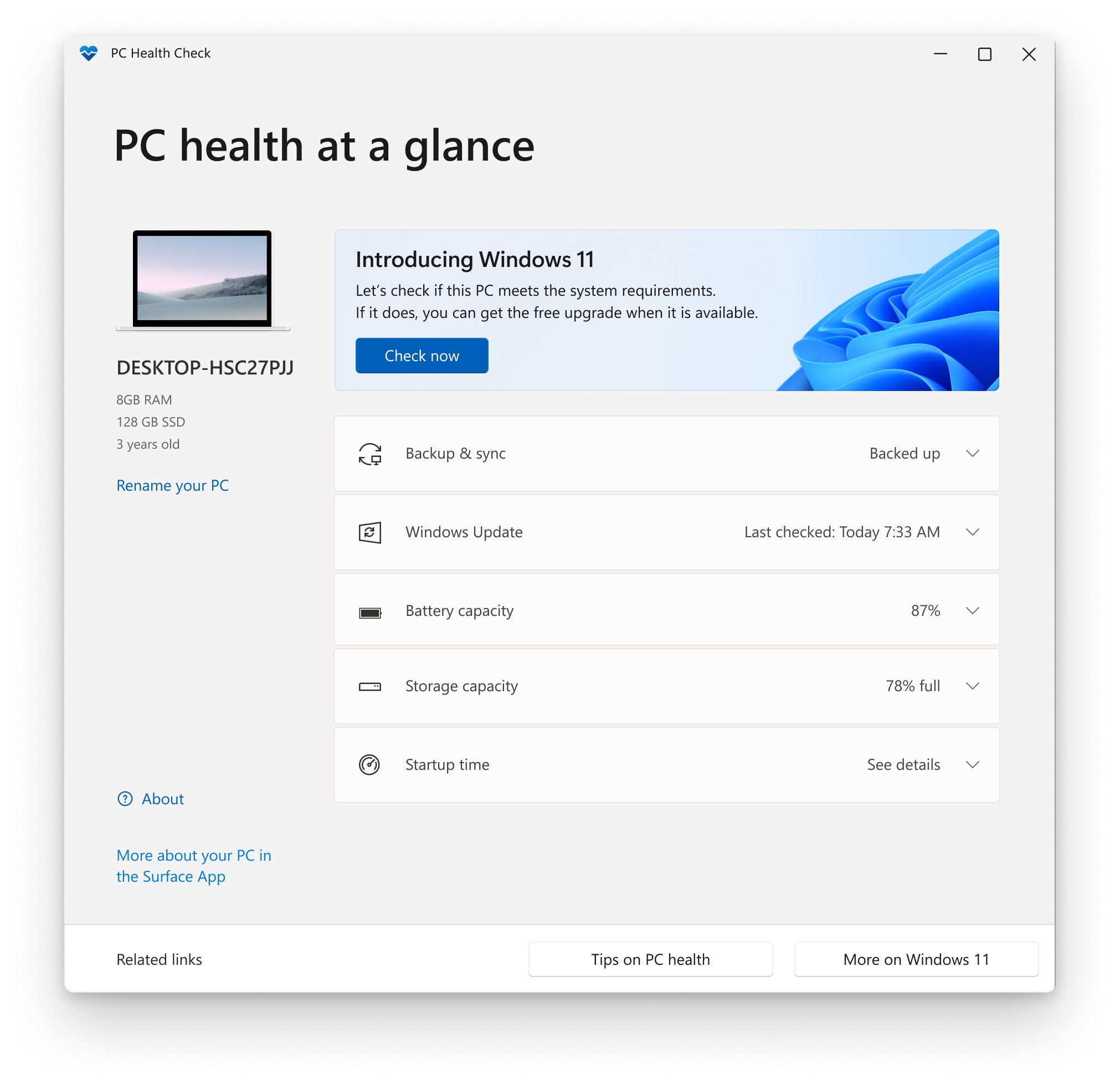 pc health check with the windows 11 check now button