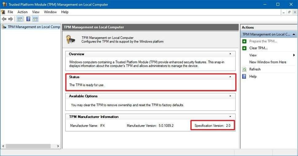 tpm management showing ready status and specification version 2.0