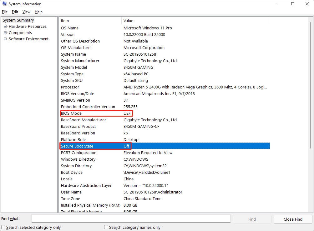 windows 10 system information showing uefi and secure boot on