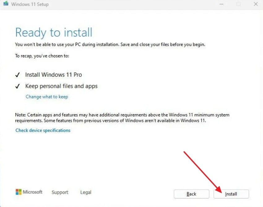 windows 11 setup ready to install while keeping personal files and apps