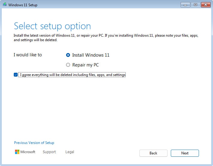 windows 11 setup warning that a clean installation deletes files apps and settings