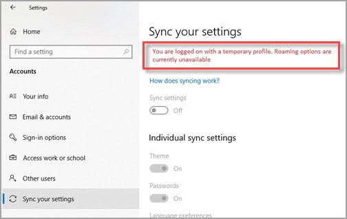 windows 10 account settings warning that a temporary profile is in use