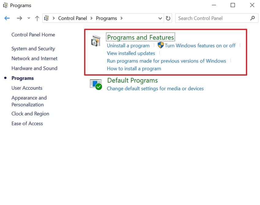 open programs and features