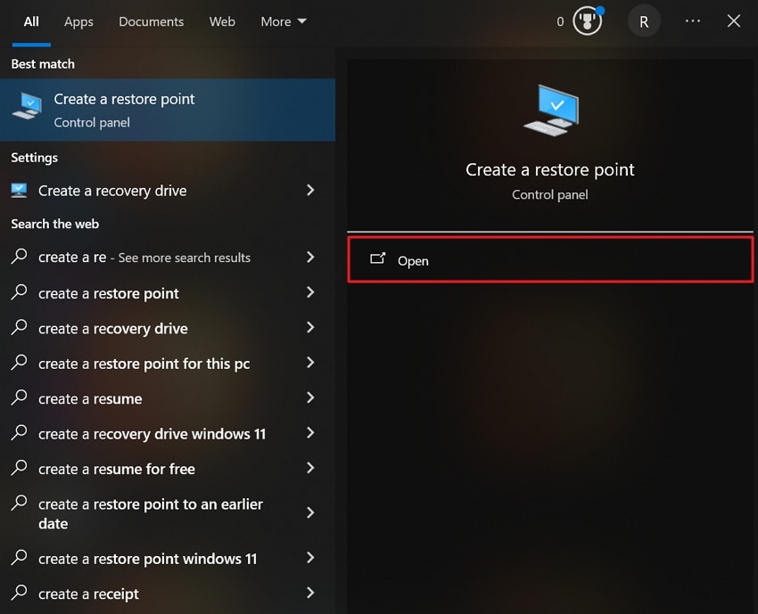 access create a restore point