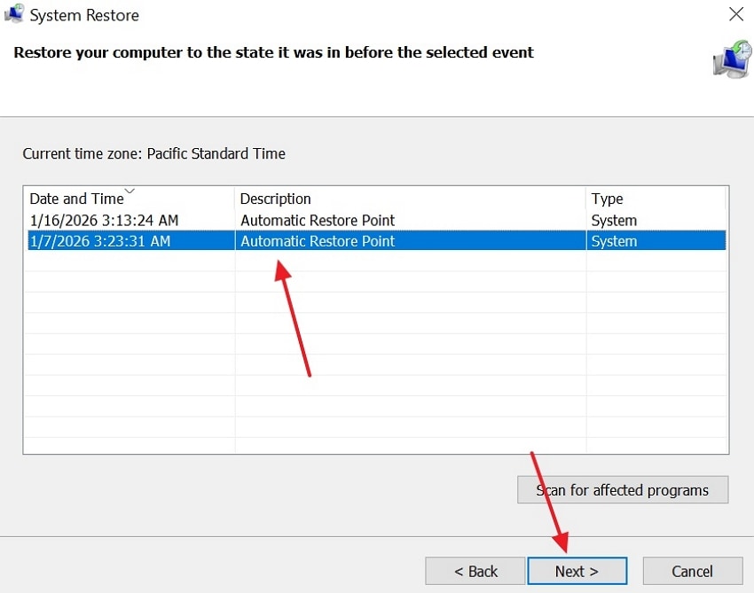 choose restore point