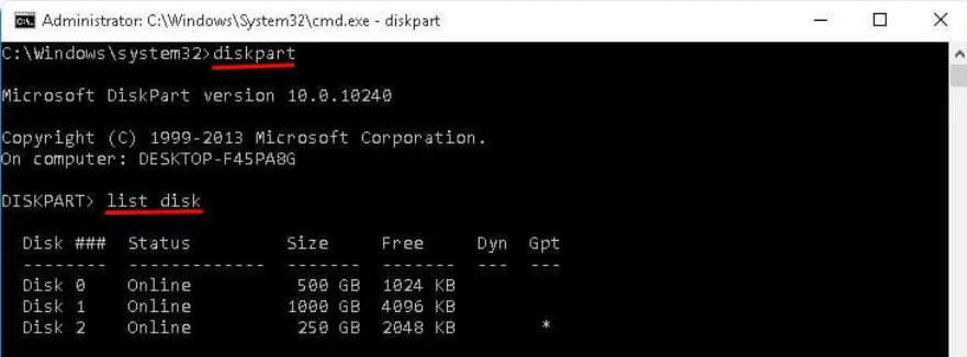 enter list disk command