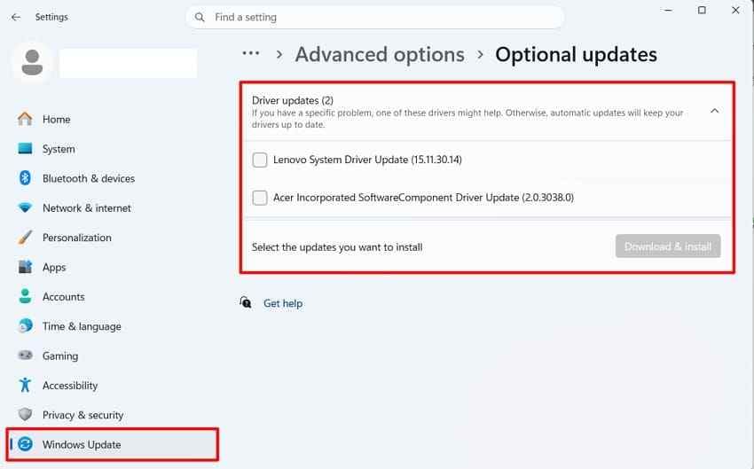 access optional usb driver updates