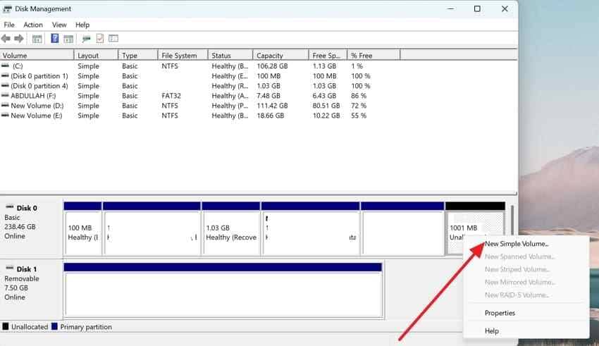 create volume from unallocated space