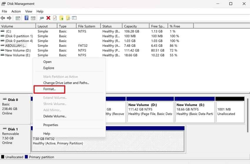 open raw usb format option