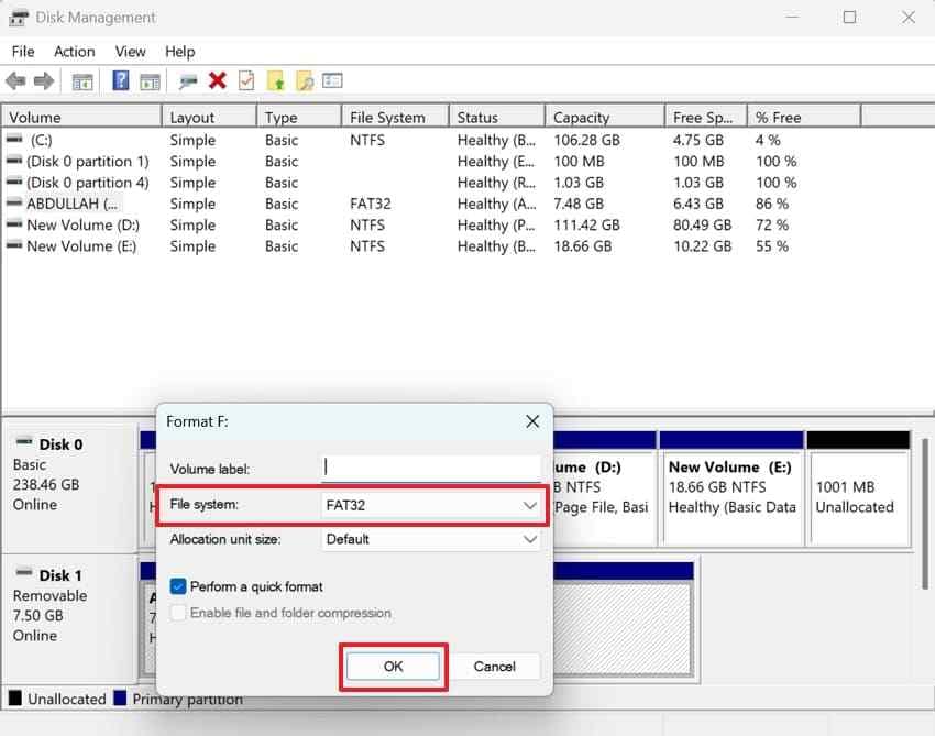 choose usb file system format