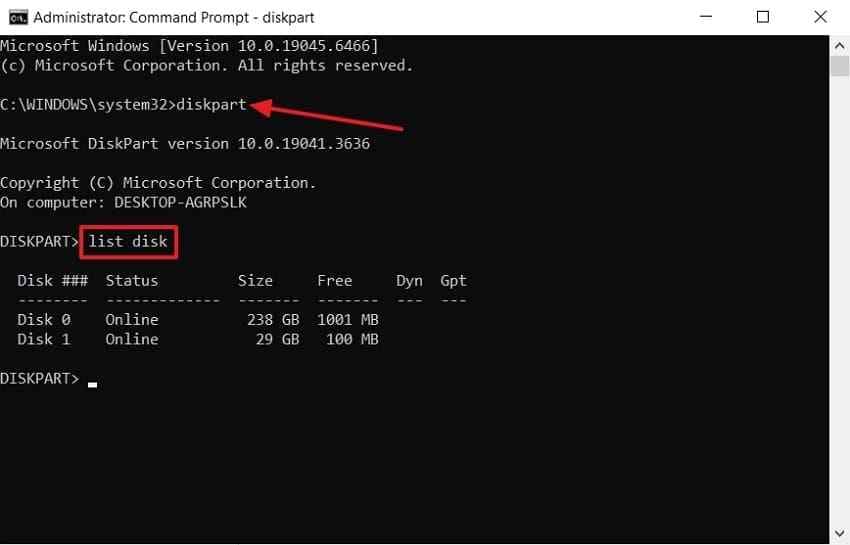 open diskpart list disks cmd