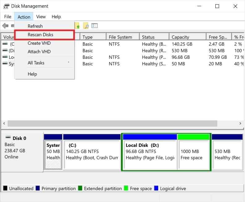 rescan connected disks windows