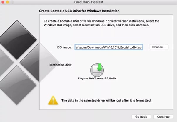 using boot camp assistant on mac to create win 10 bootable usb