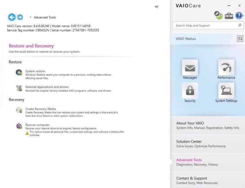 vaio care restore and recovery tools