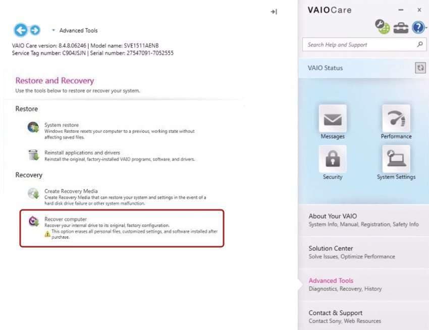 vaio care computer recovery