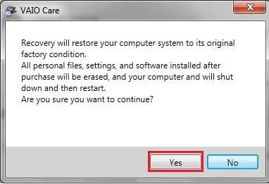 vaio care recovery confirmation