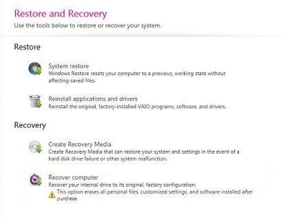 vaio care restore and recovery