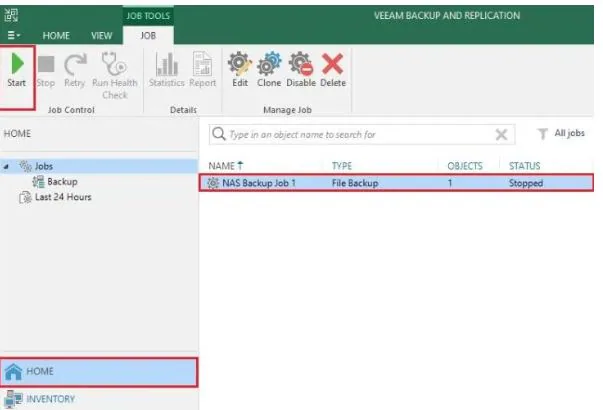 início do backup de nas no veeam