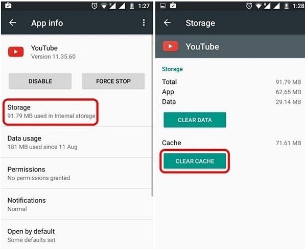 android youtube app information with a separate clear cache button