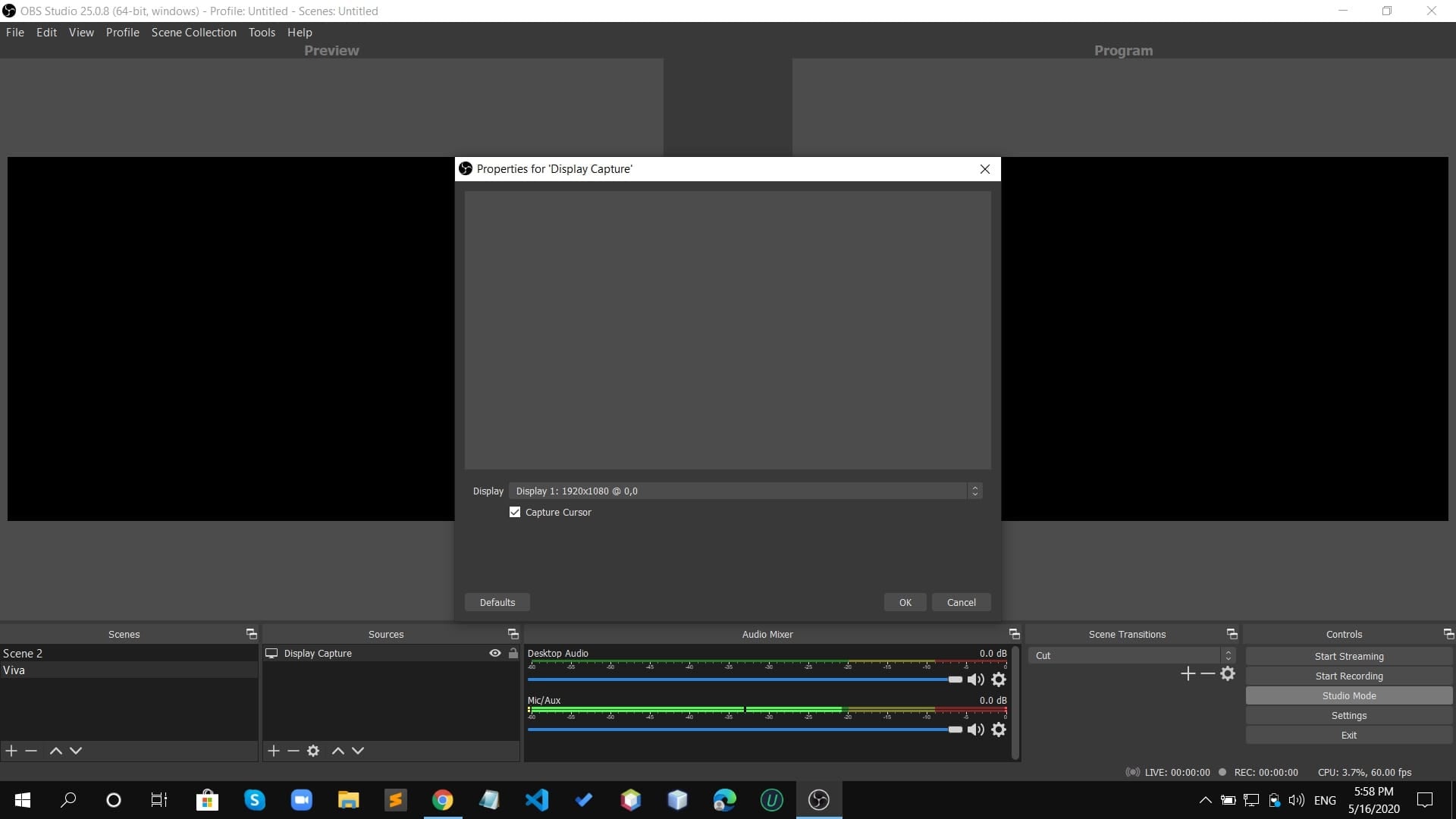 obs display capture properties with display selection and a black preview