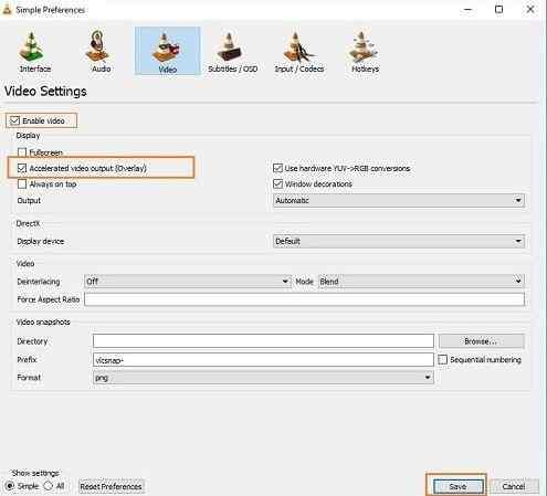 vlc video preferences with enable video and output controls