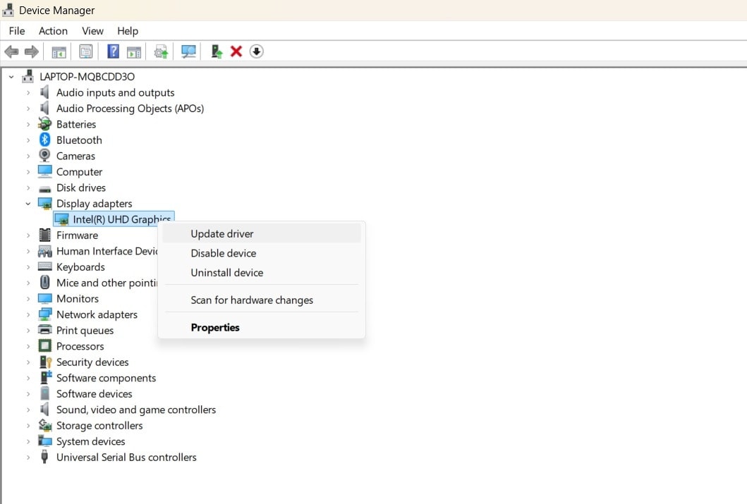 windows device manager showing update driver for a display adapter
