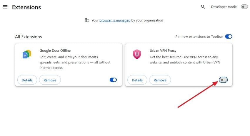 chrome extensions page with switches for temporarily disabling extensions