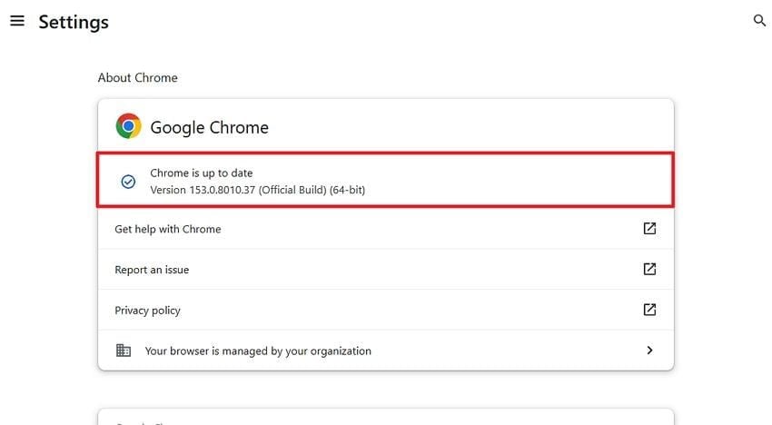 about google chrome page showing the update check and installed version