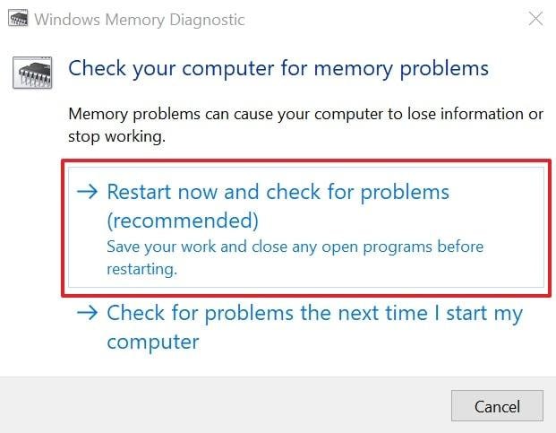 windows memory diagnostic dialog with restart now and check for problems option