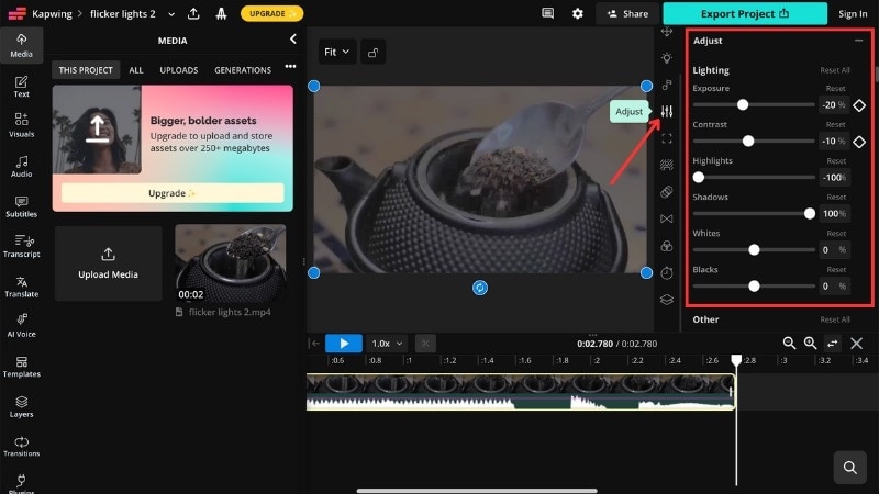 online video editor exposure and lighting adjustment panel