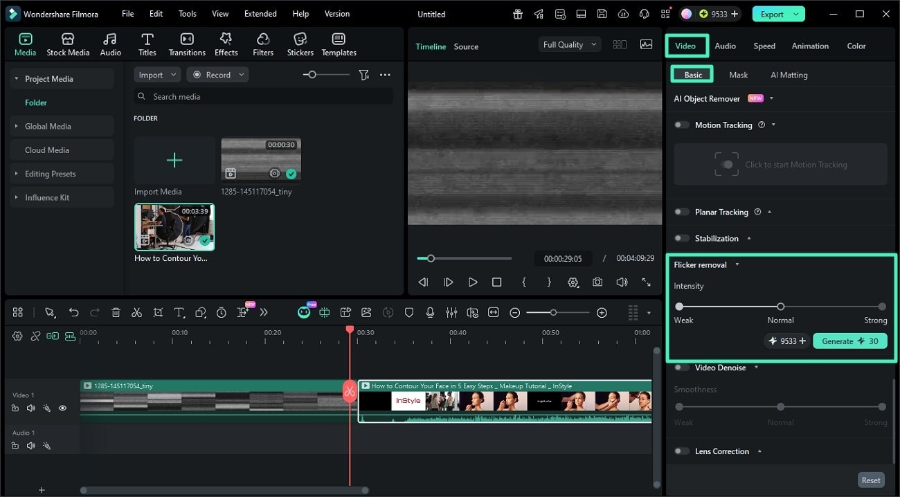 filmora video basic flicker removal intensity and generate button