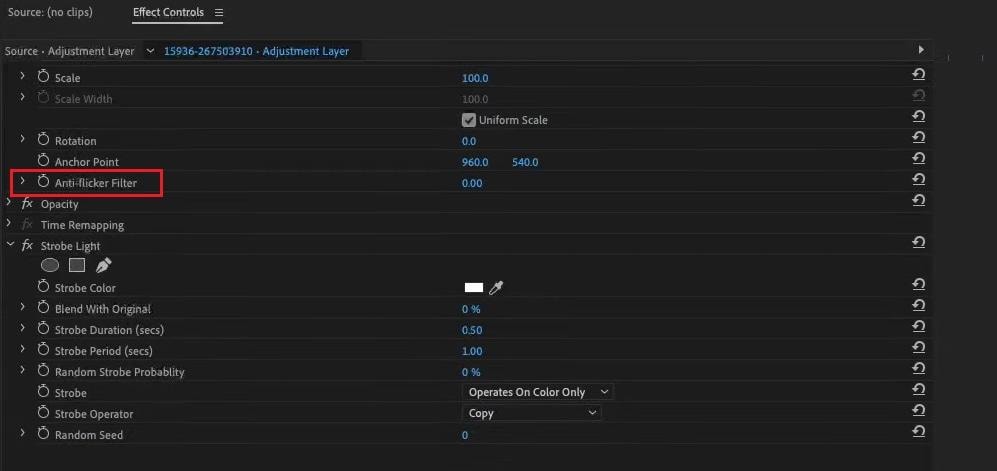 premiere pro effect controls anti flicker filter setting