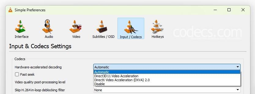 vlc input and codecs hardware accelerated decoding set to automatic