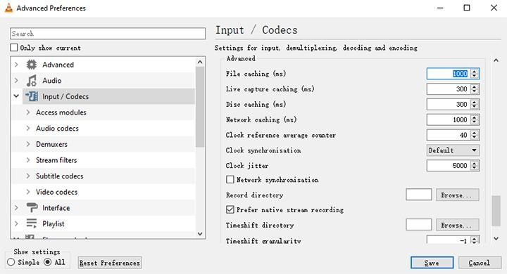 vlc advanced input codecs preferences showing file caching and network caching fields
