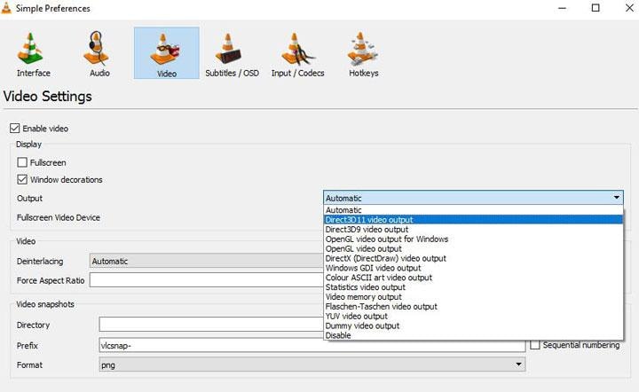 vlc video preferences displaying selectable video output modules