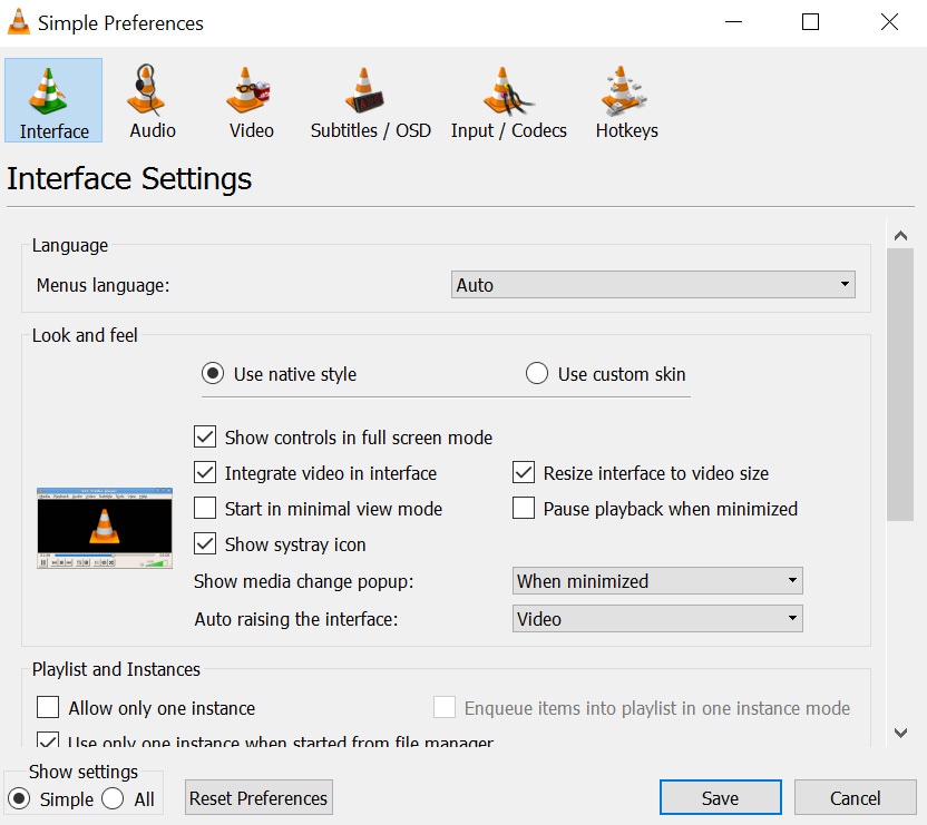 vlc simple preferences with reset preferences button