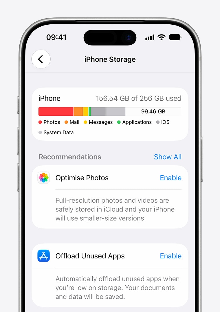 iphone storage settings showing used capacity and storage recommendations