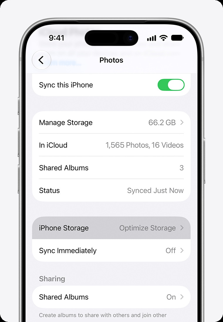 icloud photos settings showing sync this iphone and optimize storage