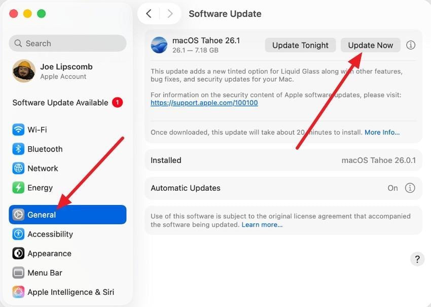 macos tahoe software update in system settings general