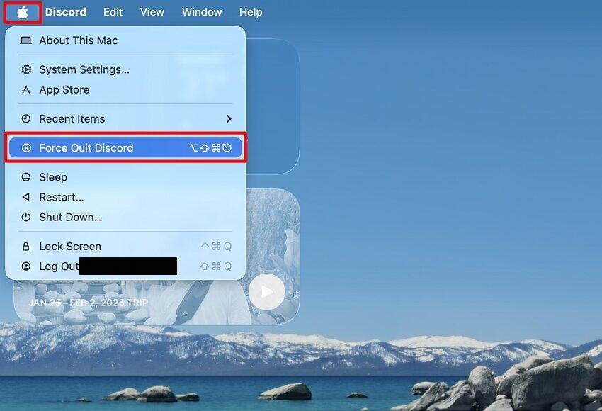 mac apple menu showing force quit for the currently active application