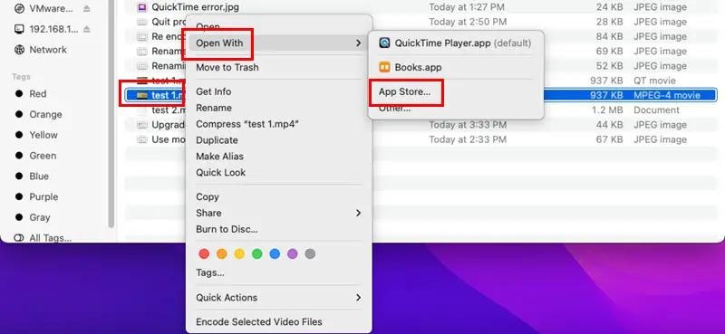 finder context menu showing open with choices for a video file