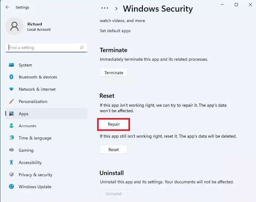 repair windows security app 
